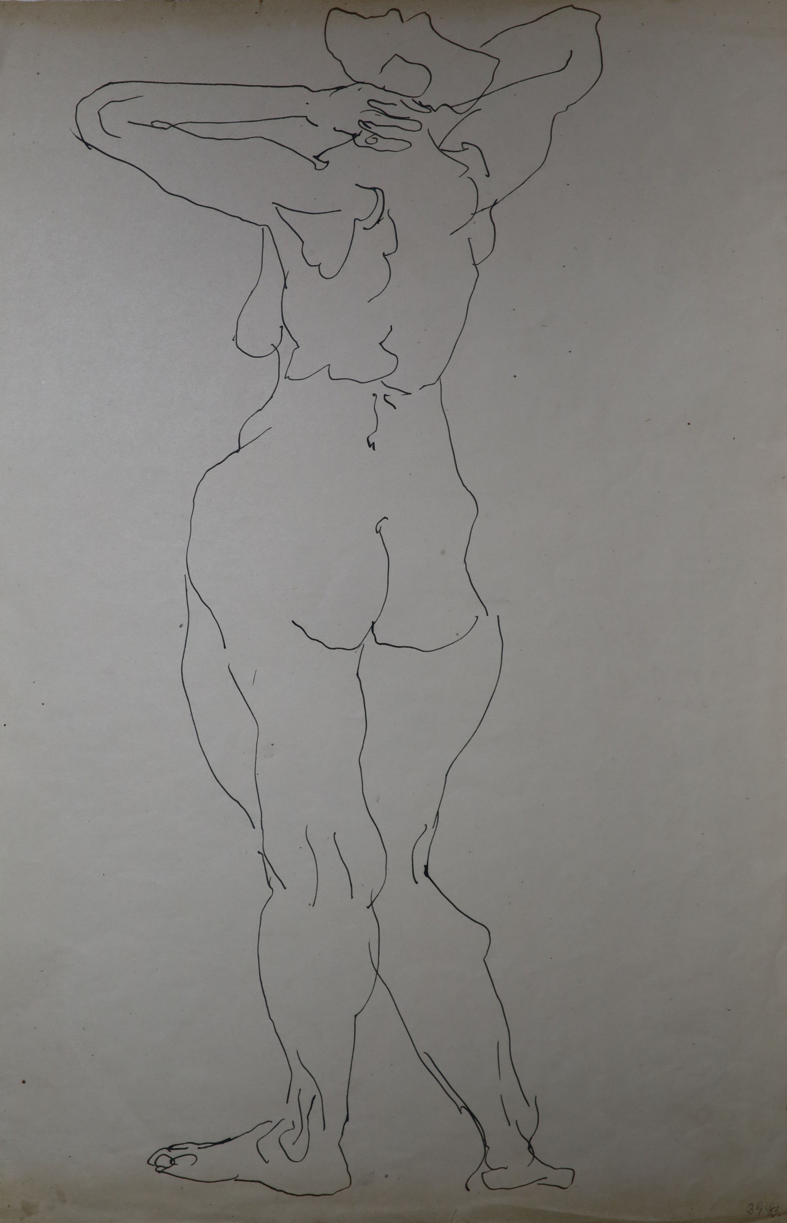 Henri Gaudier-Brzeska (1891-1915), Standing figure, hands on head, circa 1913, blue black ink and pen on paper, 38.6 x 25cm